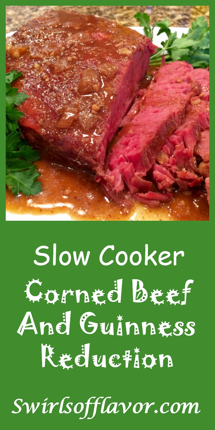 Let your slow cooker do the work with Slow Cooker Corned Beef & Guinness Reduction. The flavors of Guinness, brown sugar and horseradish mustard will simmer in your slow cooker and infuse your corned beef! #crockpot #cornedbeef #StPatricksDay #dinner #holiday #easyrecipe #slowcooker #cabbage #swirlsofflavor