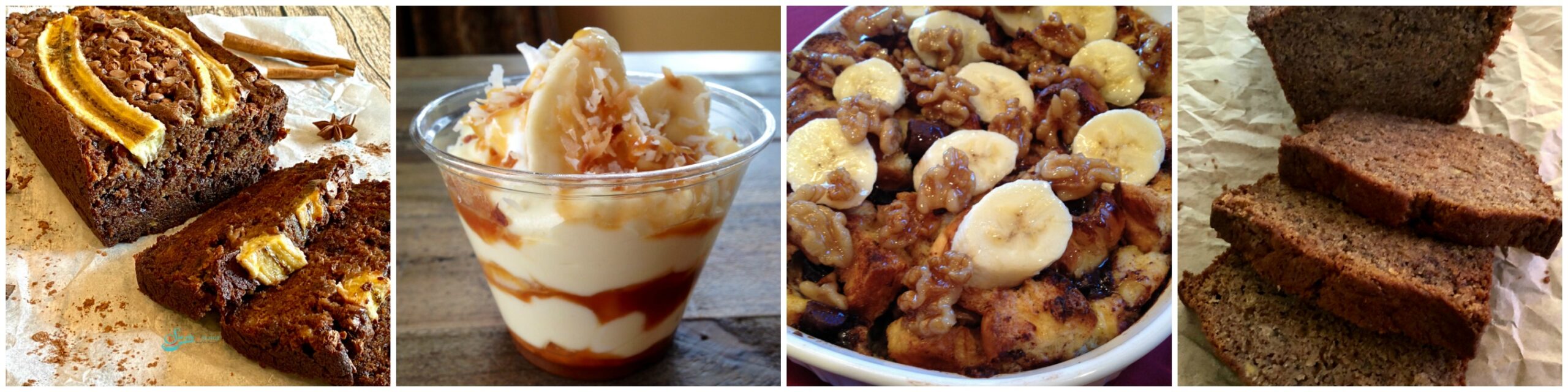 Left to right: Chocolate Banana Bread; Banana Pudding; Banana Bread Pudding; Banana Bread