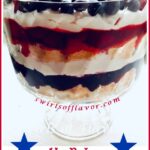 Side view of a layered red white and blue berry trifle