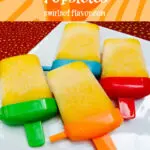 pineapple mango popsicles on white dish with text overlay