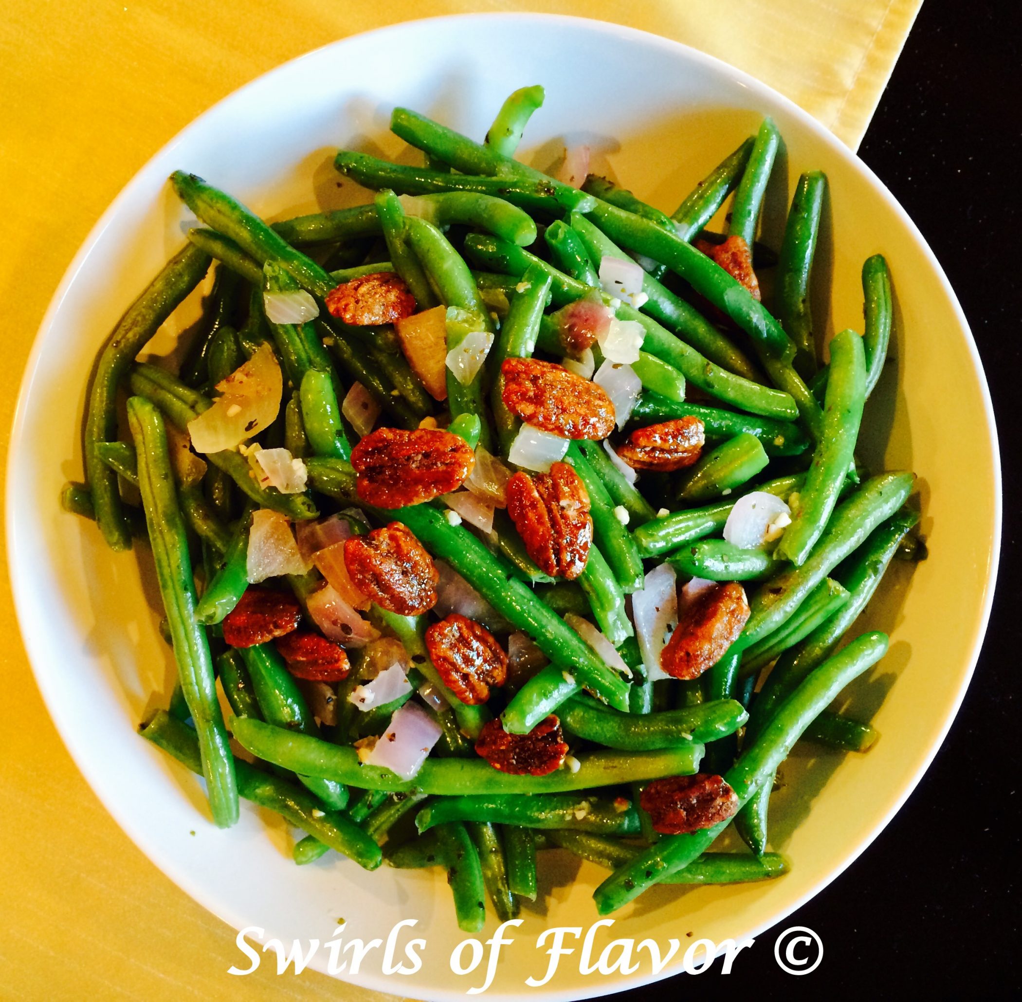 Buttery Garlic Green Beans with pecans and onions