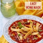 bowl of chicken tortilla soup with text overlay