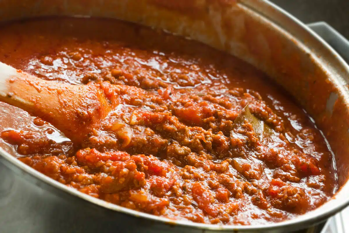 pasta sauce with ground beef in a pot