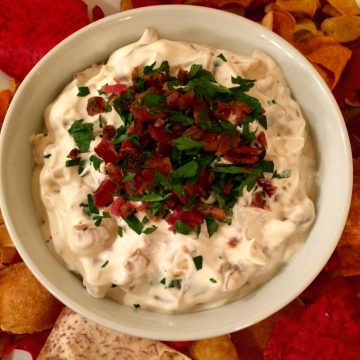 homemade caramelized onion dip with bacon
