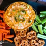 Overhead of Buffalo chicken Dip with dippers