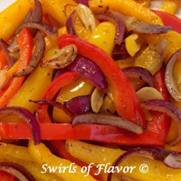 yellow, red and orange sauteed peppers and onions