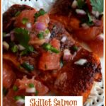 salmon fillets with salsa and text overlay