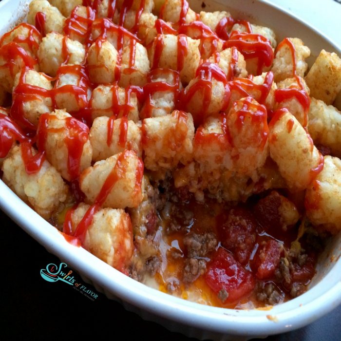 cheeseburger casserole with tater tots and ketchup