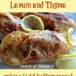 roasted lemon thyme chicken with frresh lemon slices and text overlay