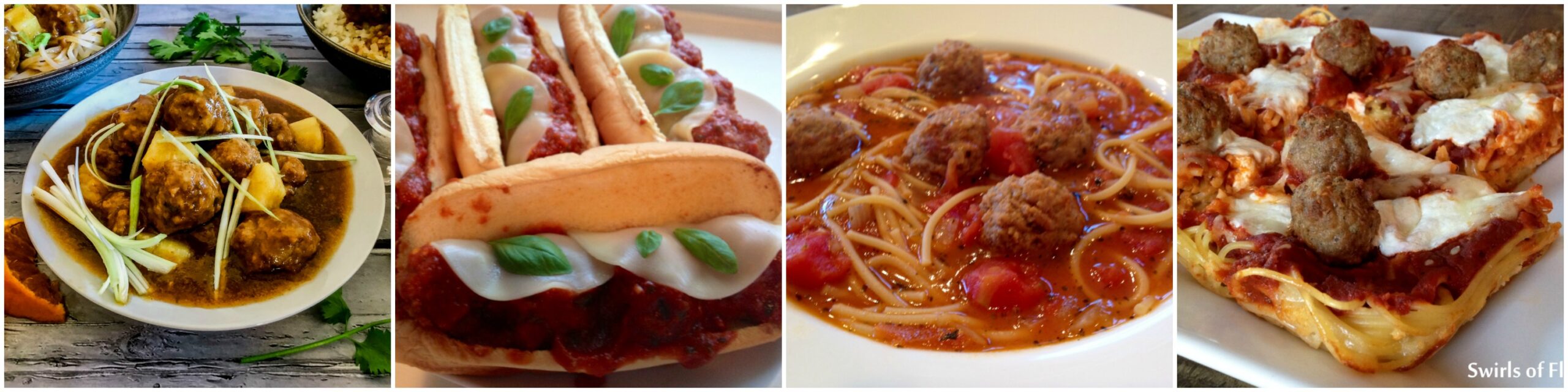 Left to Right: Sweet and Sour Meatballs; Meatball Heros; Spaghetti and Meatball Soup; Spaghetti and Meatball Pizza