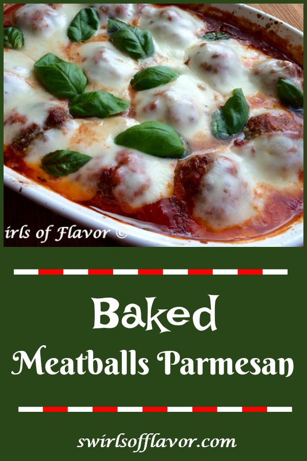 Baked Meatballs Parmesan, an easy homemade meatball recipe that's cheesy and saucy, will warm you up at dinner tonight! Just shape our homemade beef mixture into meatballs, smother with sauce and let them bake themselves in the oven. #meatballs #homemademeatballs #meatballsparmesan #easyrecipe #dinner #ovenbakedmeatballs #casserole #swirlsofflavor