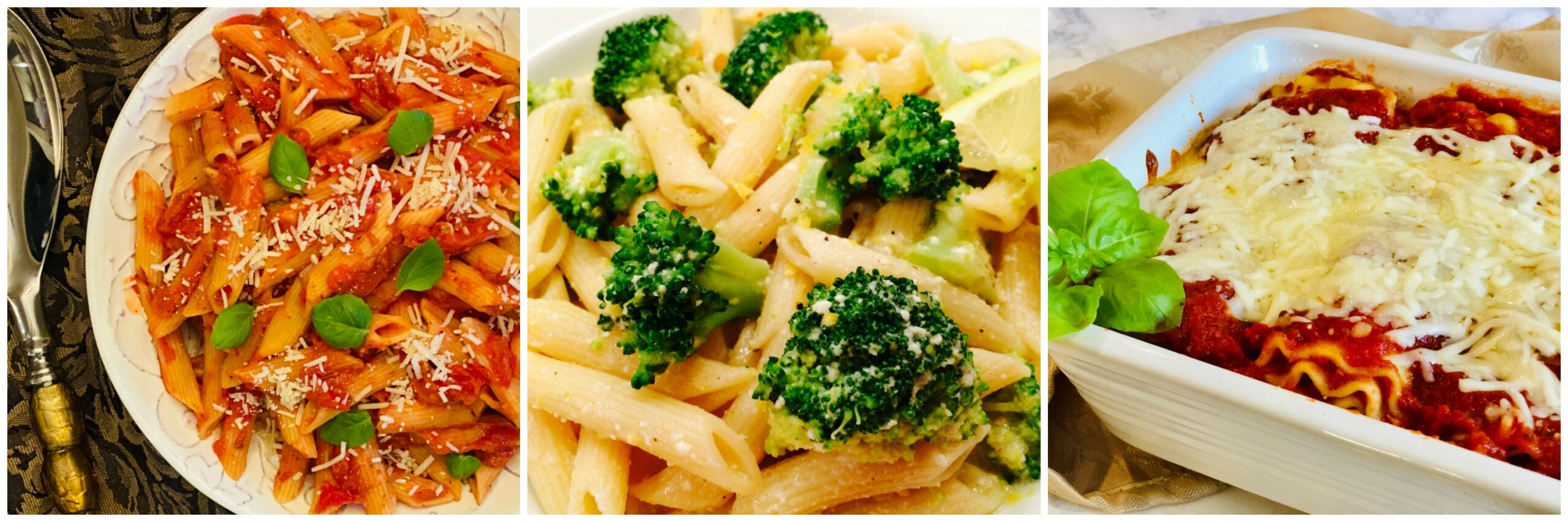 Left to right: Penne Pasta; Broccoli Pasta; Lasagna Roll Ups