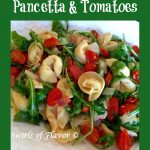 pasta with pancetta and tomatoes and text overlay