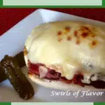 open-faced reuben sandwich with text overlay