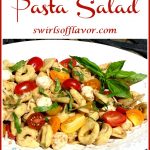 summer pasta salad with tomatoes and mozzarella and text overlay
