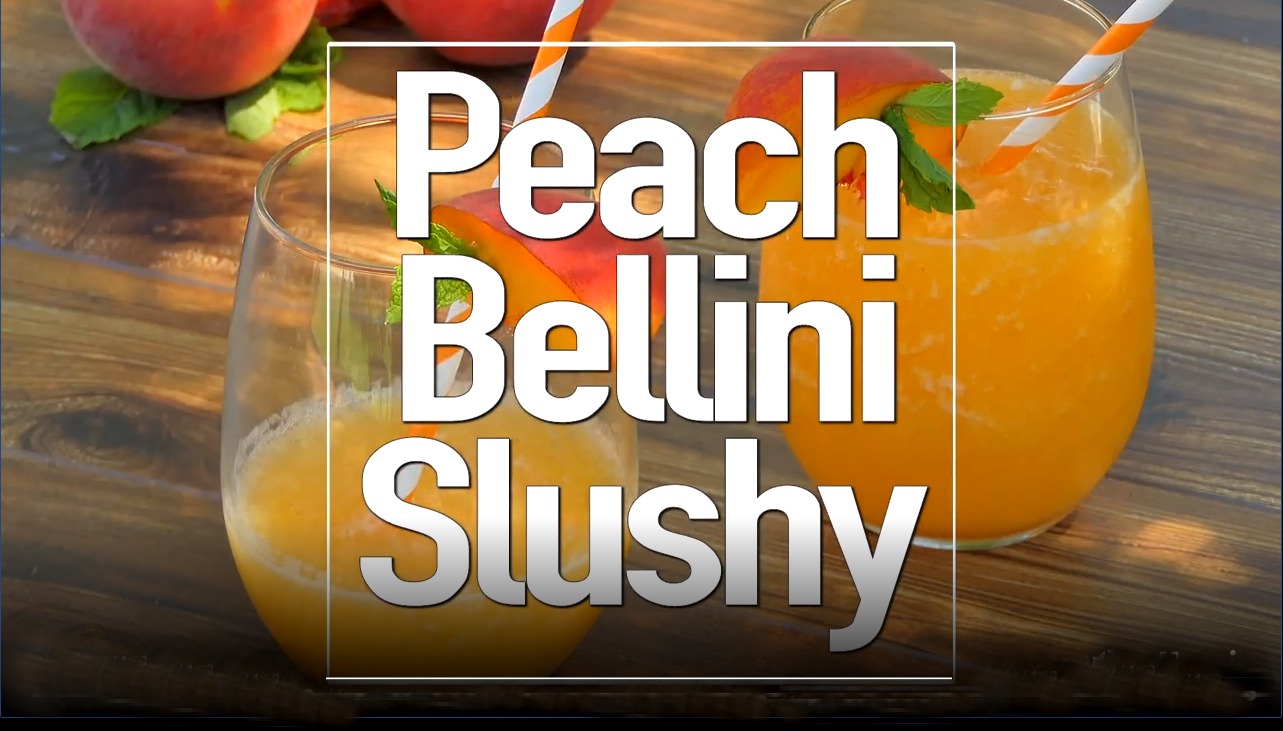 two servings of frozen peach bellini cocktail with text overlay