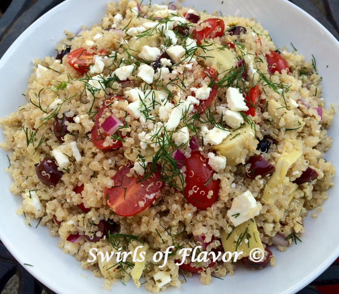 Mediterranean Quinoa Salad With Feta & Dill is brimming with artichoke hearts, kalamata olives, dill and creamy feta cheese, the fresh flavors of Greece.Â 