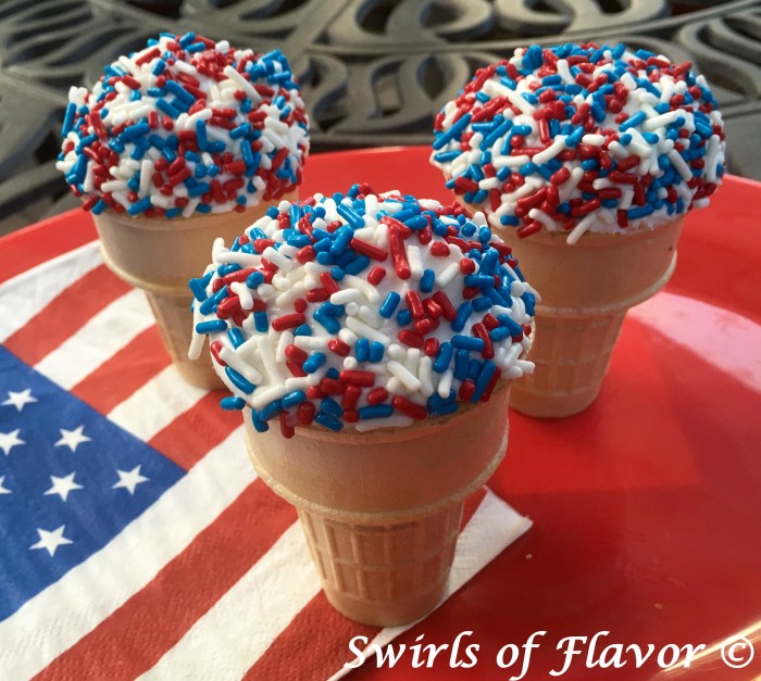 cupcake cones decorated with red white and blue sprinkles