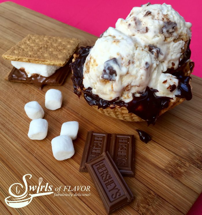 S'mores ice cream in waffle cone with hot fudge