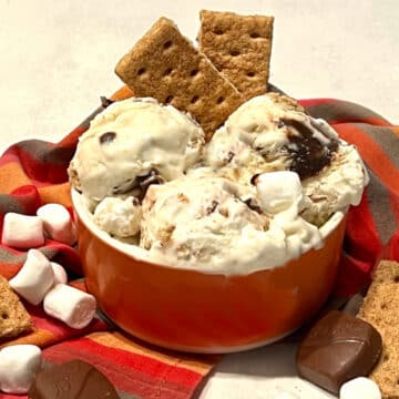 smores ice cream in an orange bowl