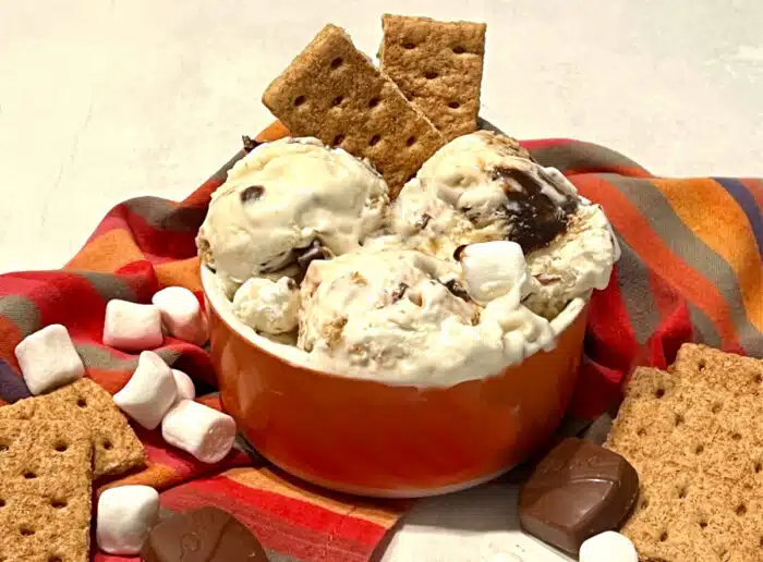 smores ice cream in an orange bowl