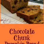 Chocolate Chunk Pumpkin Spice Bread is an easy recipe for a flavorful quick bread. Pumpkin spice and pumpkin puree combine to give a moist cake-like bread bursting with the warm seasonal flavor of pumpkin spice and studded with chunks of chocolate. #pumpkinbread #pumpkinspice #quickbreadrecipe #easyrecipe #chocolate #swirlsofflavor