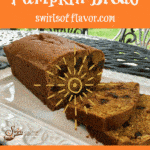 chocolate chip pumpkin bread on white plate with slices and text overlay