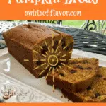 chocolate chip pumpkin bread on white plate with slices and text overlay