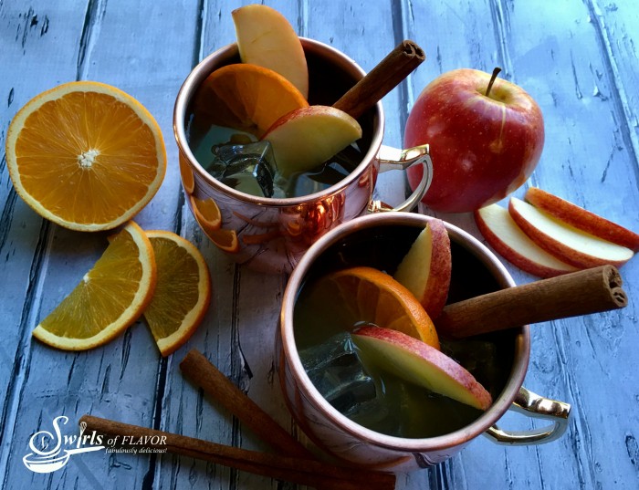 Apple Cider Moscow Mule is a twist on this classic cocktail replacing the lime juice with seasonal apple cider and garnishing with an orange slice and a cinnamon stick stirrer!