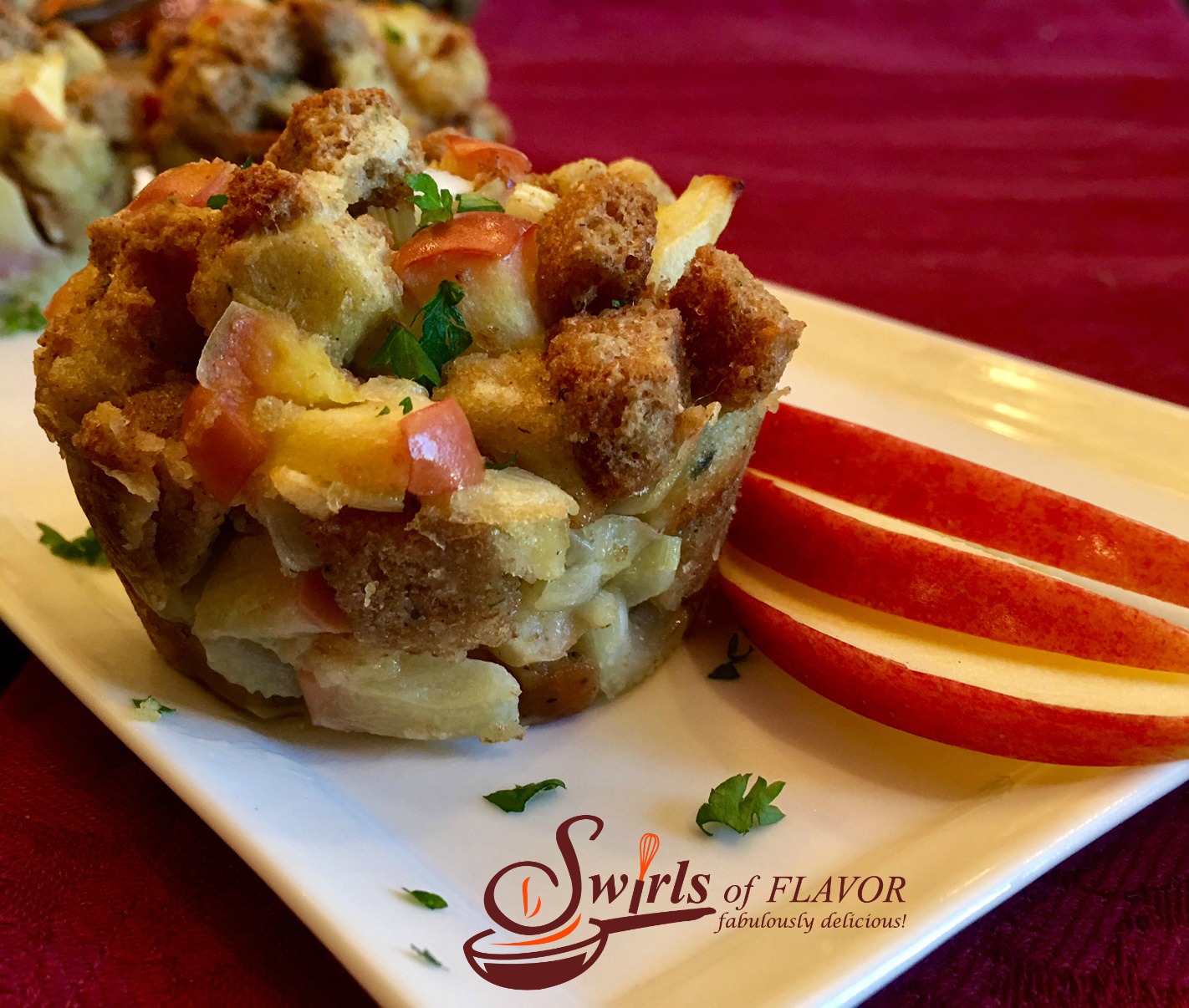 stuffing muffins with apple and sage on serving platter