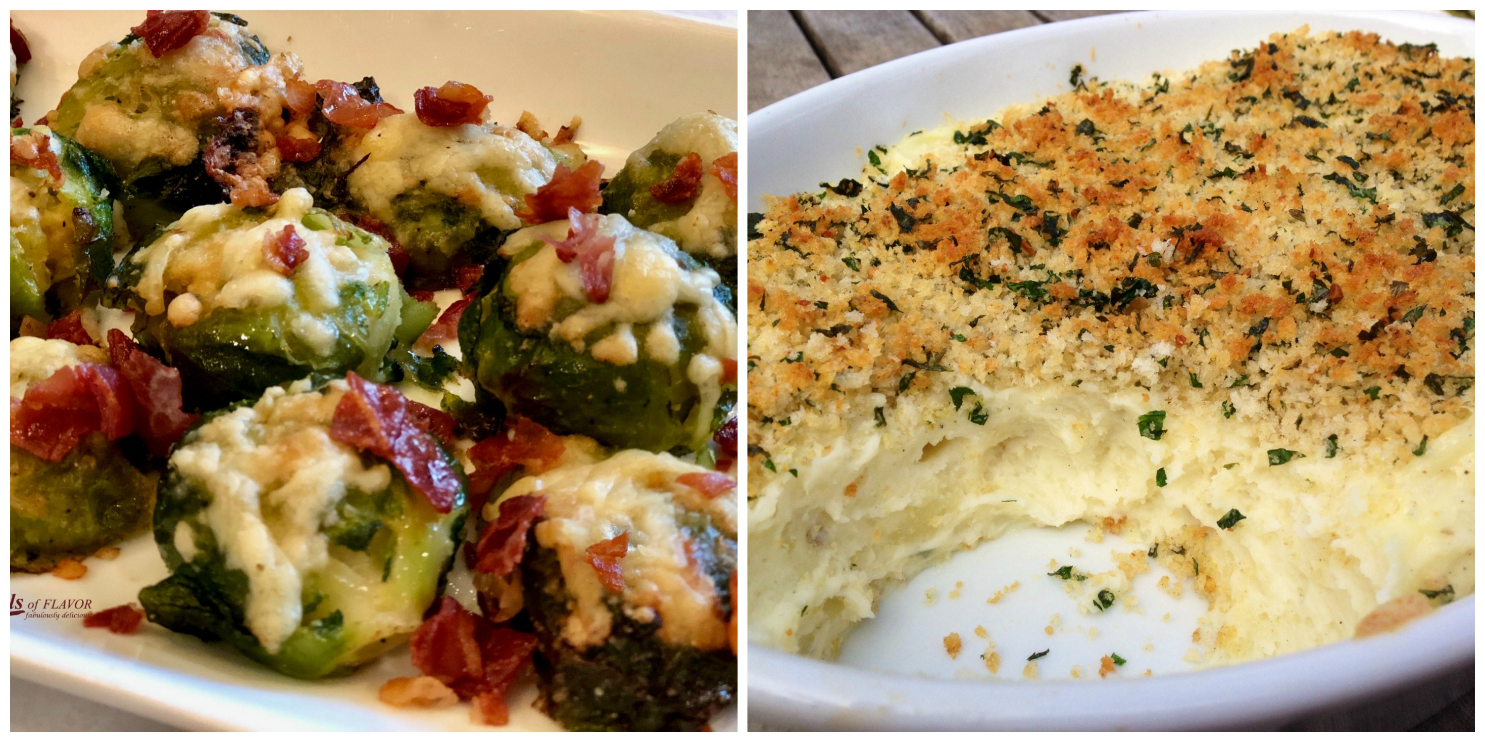 Smashed Brussels Sprouts and Panko Garlic Mashed Potatoes