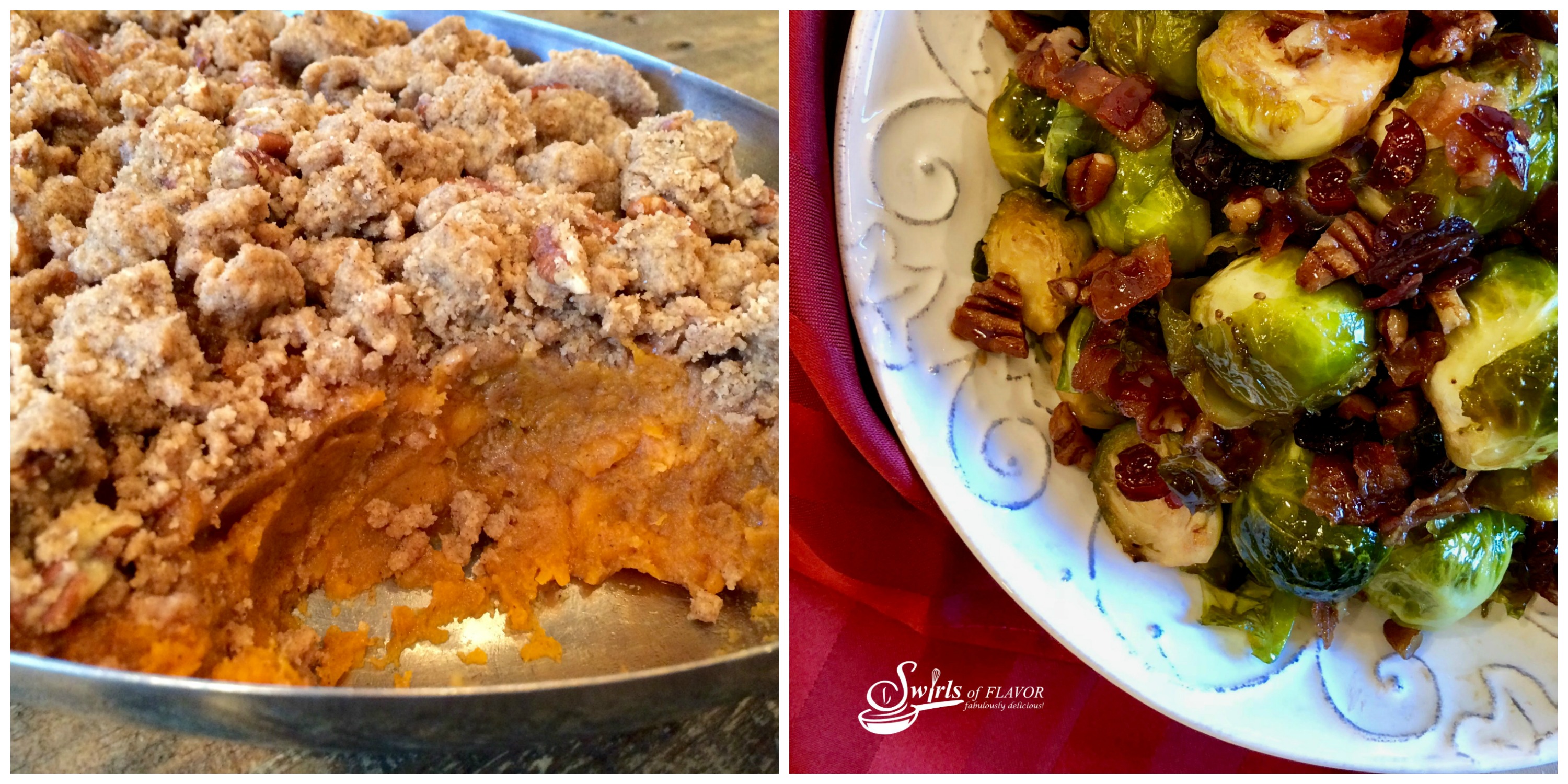 Pecan Crumb Sweet Potatoes and Brown Sugar Brussels Sprouts