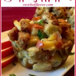 stuffing muffin with apple pieces and text overlay