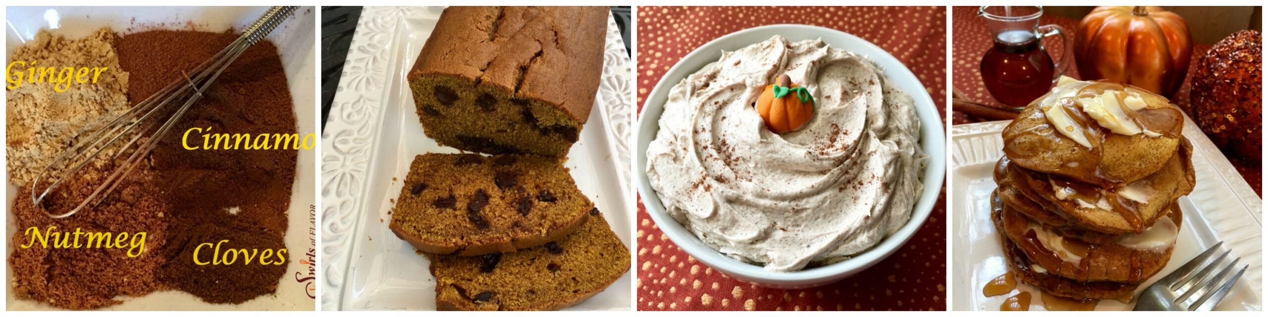 Left to Right: Homemade Pumpkin Spice; Pumpkin Bread; Pumpkin Buttercream Frosting; Pumpkin Pancakes