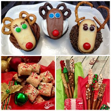 Christmas fudge, Reindeer cupcakes and Chocolate dipped pretzels will make your Christmas dessert table festive and sweet!