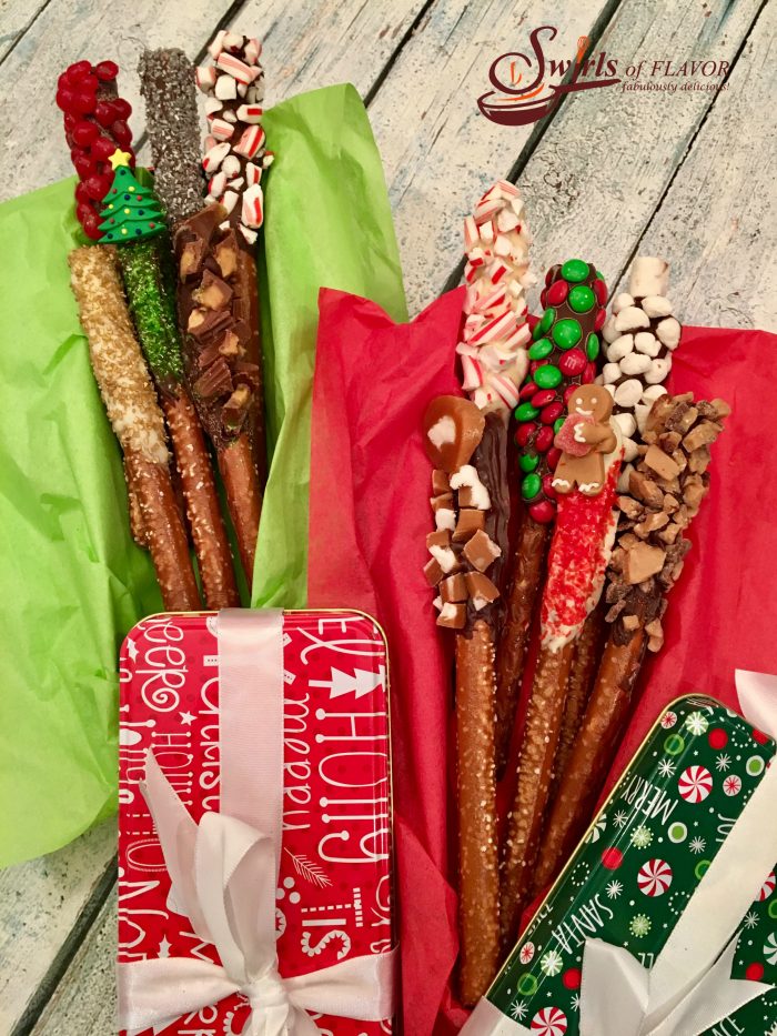 Kids faces (and grownups too!) will light up when they see Chocolate Dipped Holiday Pretzels as a holiday dessert or packed up as an edible gift in a pretty holiday tin!