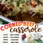 corned beef casserole in baking dish with text overlay