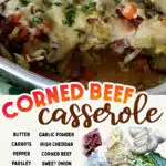 corned beef casserole in baking dish with text overlay