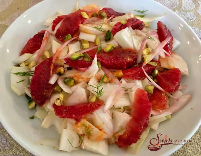 Pistachio Blood Orange & Fennel Salad is an easy salad recipe that's both refreshing and seasonal with citrus ingredients. Blood oranges flavor the citrus vinaigrette and are a bright addition to the pistachios and fennel salad.Â AnÂ easy recipeÂ for a saladÂ that can also beÂ Whole30Â with just one simple substitution.Â #salad #bloodorange #fennel #Whole30 #easyrecipe #saladrecipe #wintersalad #sidedish #swirlsofflavor