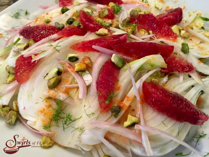 Pistachio Blood Orange & Fennel Salad is an easy salad recipe that's both refreshing and seasonal with citrus ingredients. Blood oranges flavor the citrus vinaigrette and are a bright addition to the pistachios and fennel salad.Â AnÂ easy recipeÂ for a saladÂ that can also beÂ Whole30Â with just one simple substitution.Â #salad #bloodorange #fennel #Whole30 #easyrecipe #saladrecipe #wintersalad #sidedish #swirlsofflavor