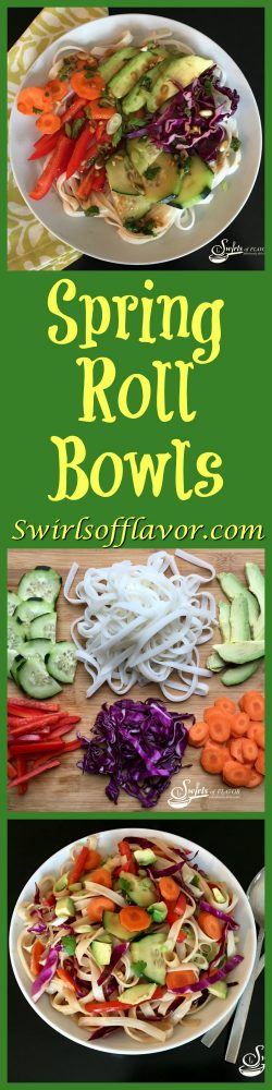 Spring Roll Bowls have all the flavors and textures of a spring roll, with half the fuss, all in a bowl!rice noodles | spring rolls | spring roll bowl | meatless monday | dinner