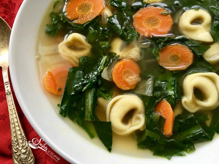 Grandma's Dandelion Soup is a sure sign that spring has arrived! Dandelion greens add nutrition and flavor to this homemade soup! dandelion | dandelion greens | soup | spring | spring recipe | tortellini