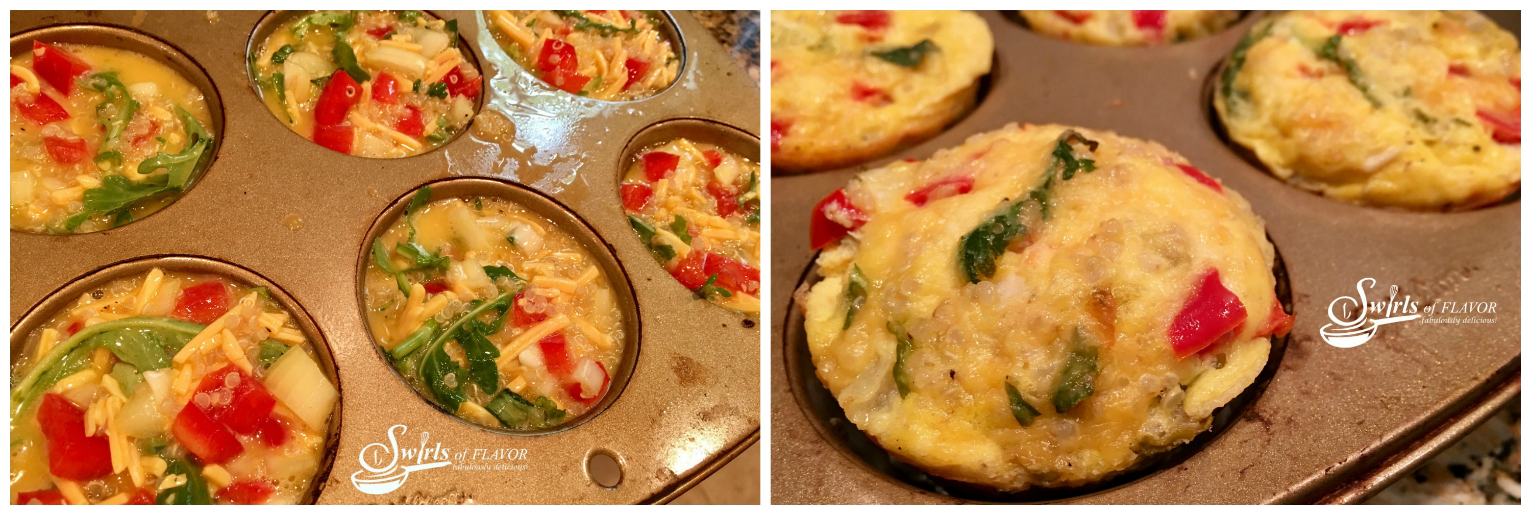 Filled with protein-packed quinoa and eggs and bursting with fresh vegetables, Quinoa Egg Muffins are the perfect start to any busy day. eggs | muffins | breakfast | red bell peppers | arugula | brunch | quinoa