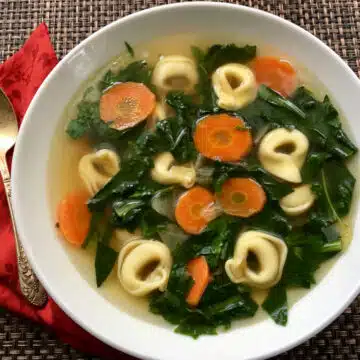 dandelion soup with tortellini and carrots