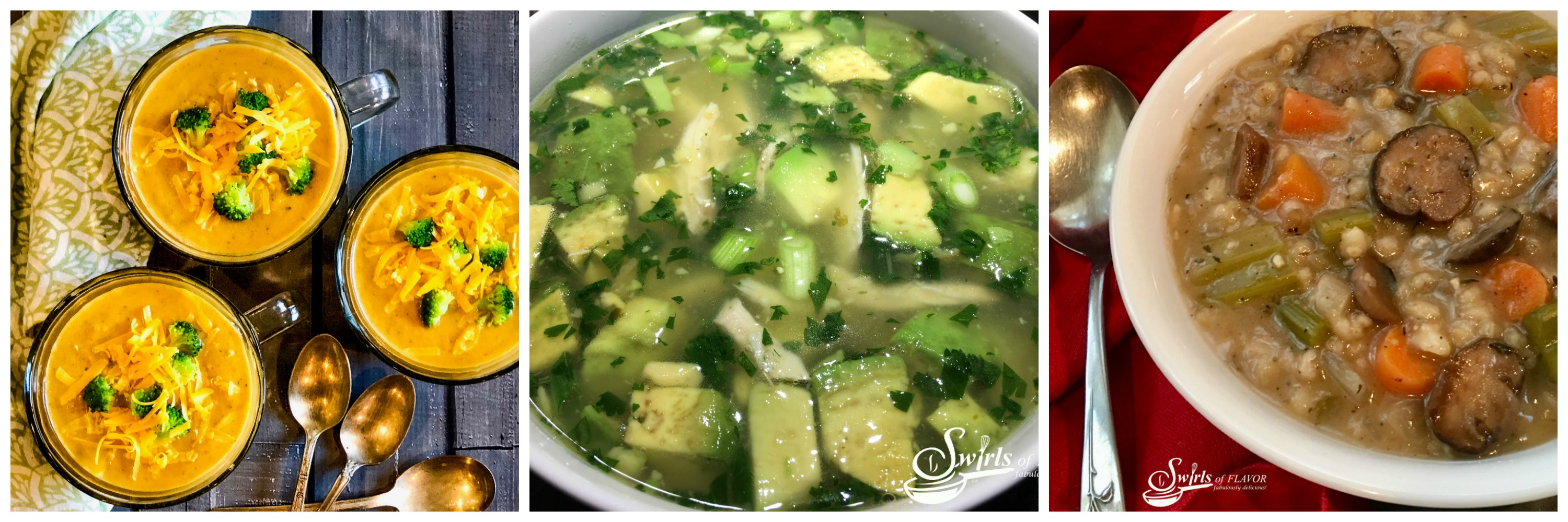 cheddar Broccoli Soup, Avocado Chicken Soup and Mushroom Barley Soup