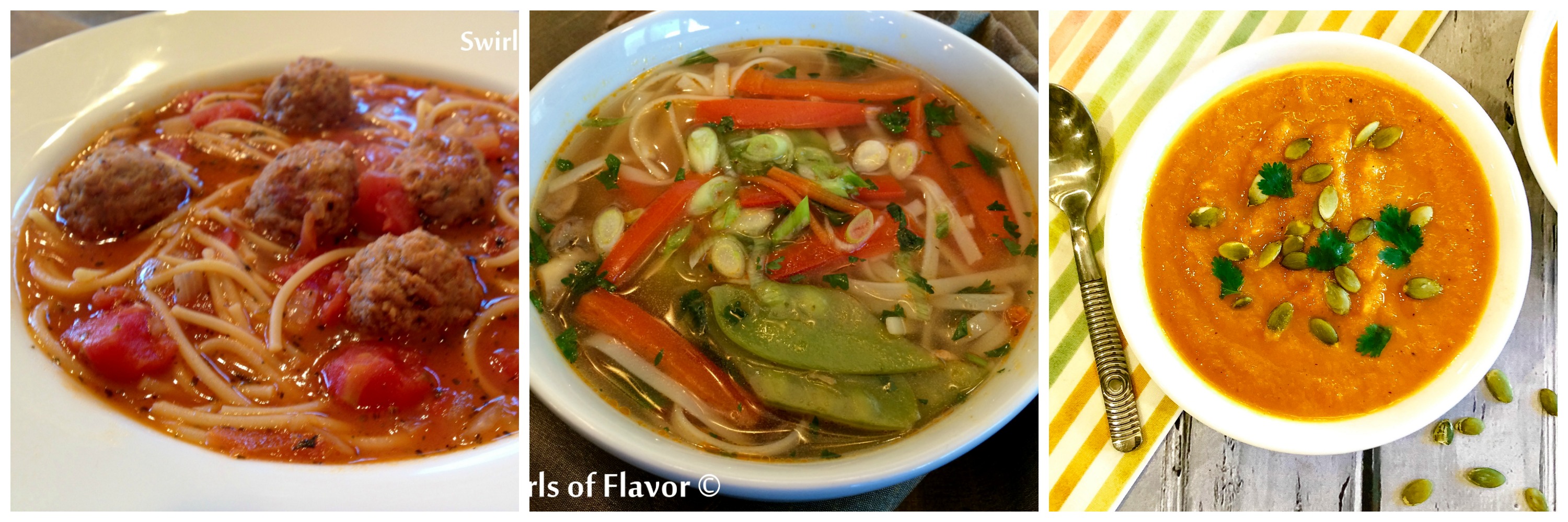 Spaghetti and Meatball Soup, Thai Ginger Vegetable Soup and Carrot Ginger Soup