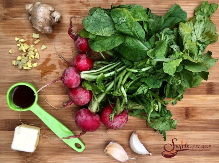 Sesame Ginger Radishes are gently sauteed in a buttery garlic ginger mixture and finished with a drizzle of toasted sesame oil for a tasty summer side dish! radishes | summer | vegetable | fresh ginger | radish greens | side dish
