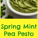 bowl of homemade pea pesto with mint and text overlay