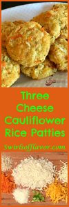 Mozzarella, cheddar and Parmesan cheeses combine with cauliflower rice for a mega punch of flavor in Three Cheese Cauliflower Rice Patties! cauliflower | cheese | cauliflower rice | over roasted | cheese | three cheese | cheddar | mozzarella | Parmesan | vegetable | nutrition | kid friendly