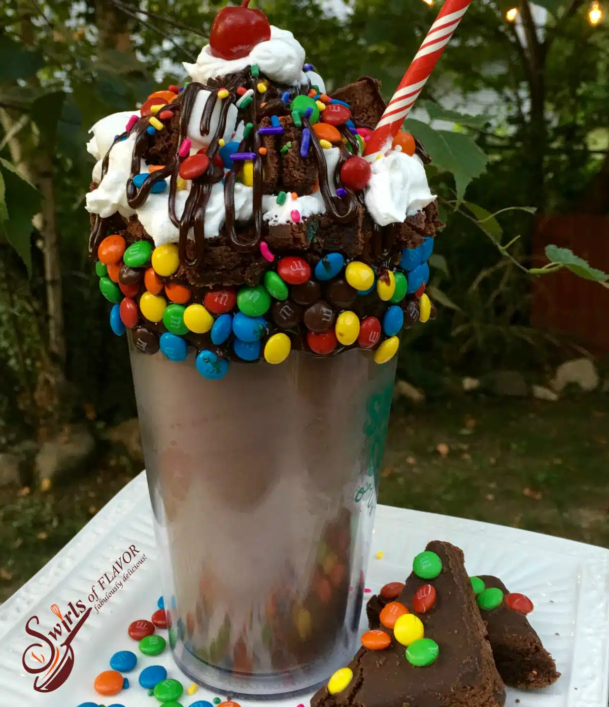brownie milkshake with m&ms and whipped cream